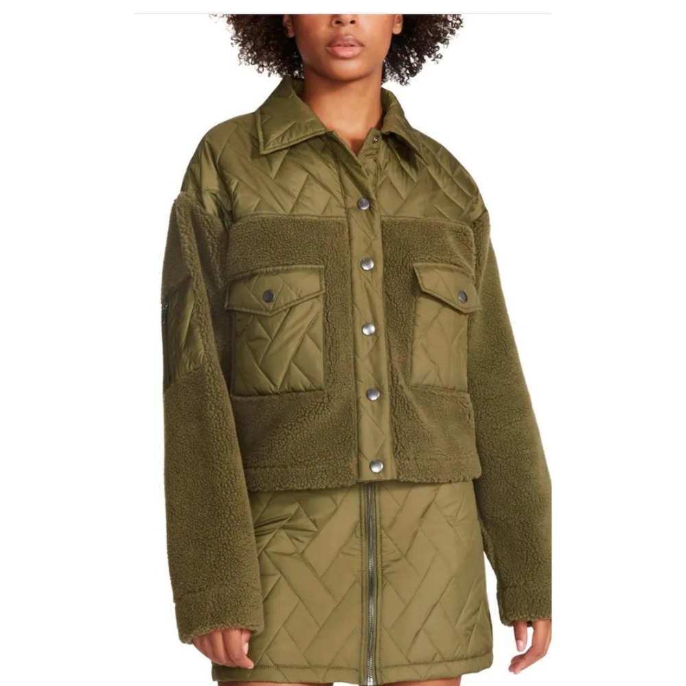 Steve Madden Iris Sherpa Quilted Jacket Olive Green Snap Utility Coat XS NWT